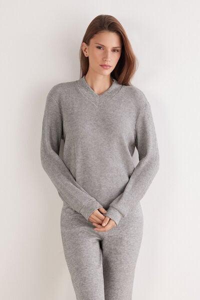 Grey Tricot-Effect V-Neck Viscose Sweater, 5601_043K, large image number 0