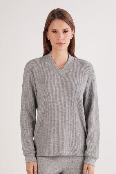 Grey Tricot-Effect V-Neck Viscose Sweater, 5601_043K, large image number 0