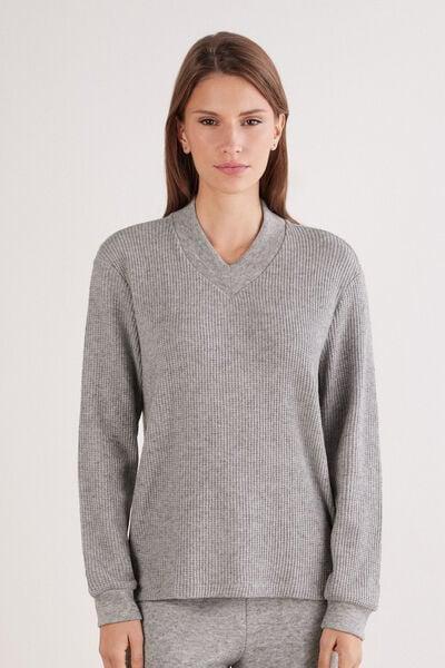 Grey Tricot-Effect V-Neck Viscose Sweater, 5601_043K, large image number 1