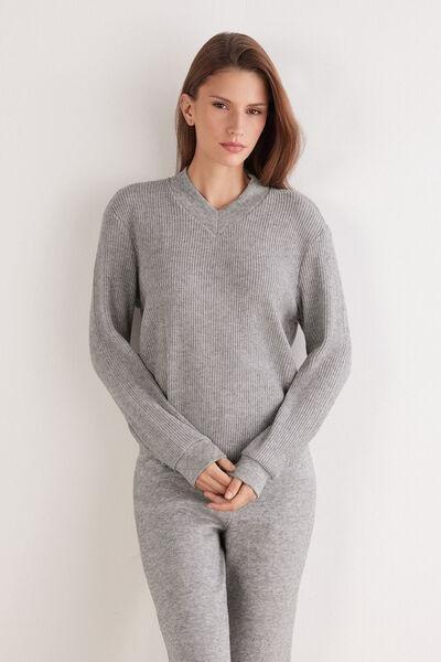 Grey Tricot-Effect V-Neck Viscose Sweater, 5601_043K, large image number 1