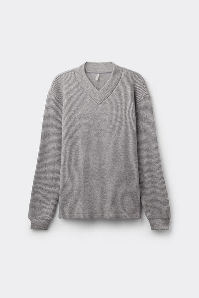 Grey Tricot-Effect V-Neck Viscose Sweater, 5601_043K, large image number 2