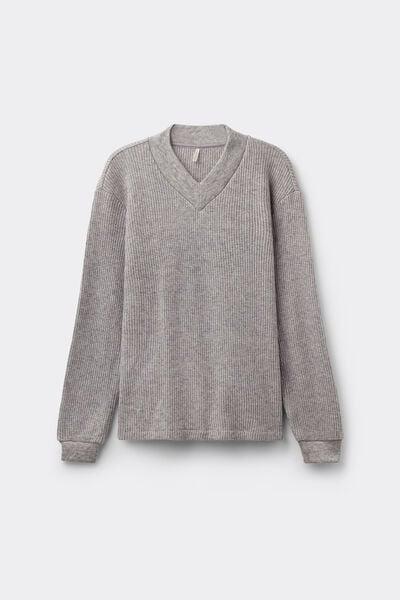 Grey Tricot-Effect V-Neck Viscose Sweater, 5601_043K, large image number 3