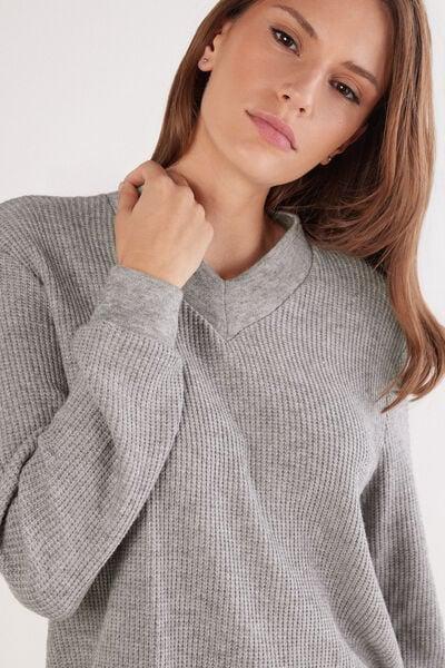 Grey Tricot-Effect V-Neck Viscose Sweater, 5601_043K, large image number 5