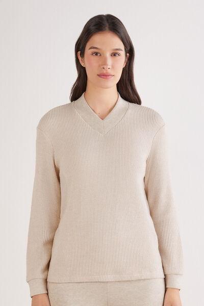 Beige Tricot-Effect V-Neck Viscose Sweater, 5601_044K, medium