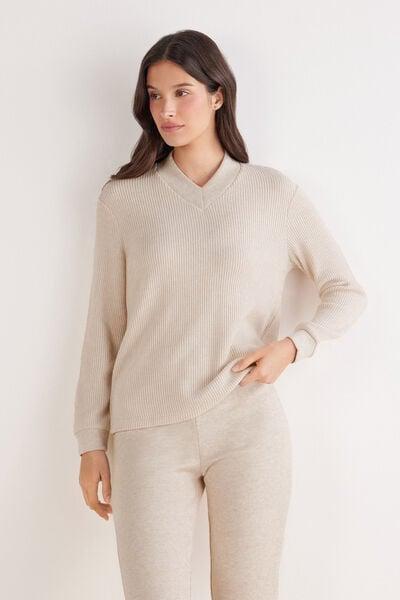 Beige Tricot-Effect V-Neck Viscose Sweater, 5601_044K, medium