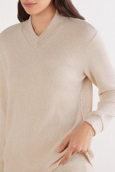 Beige Tricot-Effect V-Neck Viscose Sweater, 5601_044K, large image number 5
