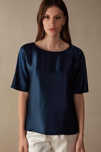Blue Short-Sleeved Silk And Top, , medium