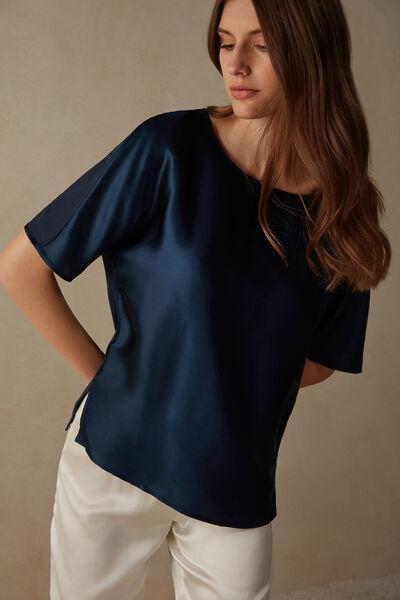 Blue Short-Sleeved Silk And Top, , large image number 1