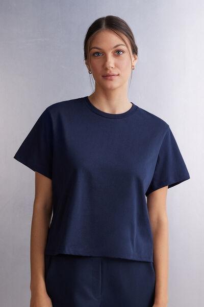 Navy Boxy Fit Short Sleeved Cotton Top, , medium
