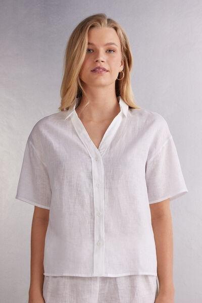 White Short-Sleeve Linen Shirt, , medium