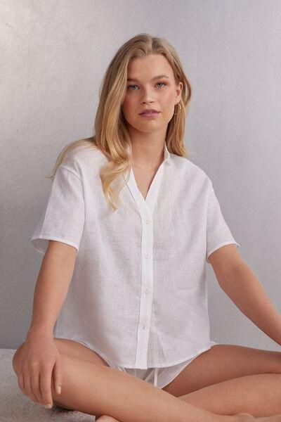 White Short-Sleeve Linen Shirt, , large image number 1