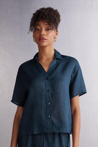Blue Short-Sleeve Linen Canvas Shirt, , medium