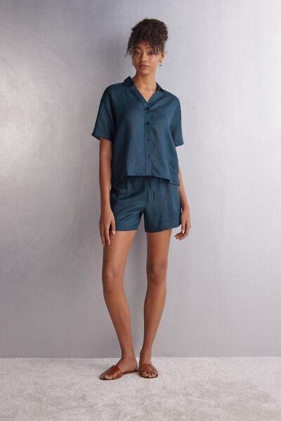 Blue Short-Sleeve Linen Canvas Shirt, , large image number 1