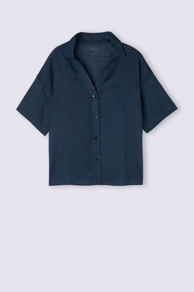 Blue Short-Sleeve Linen Canvas Shirt, , large image number 2