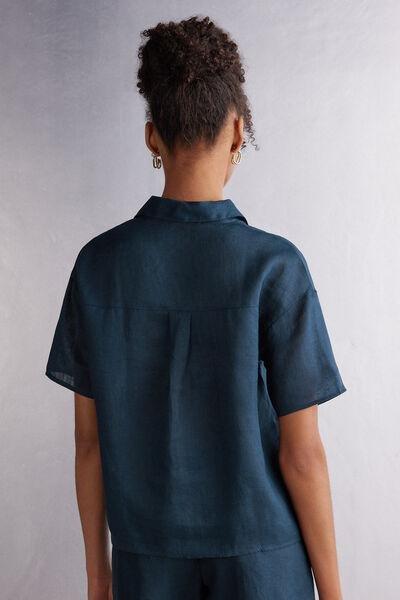 Blue Short-Sleeve Linen Canvas Shirt, , large image number 3