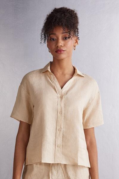 Beige Short-Sleeved Linen Canvas Shirt, , medium