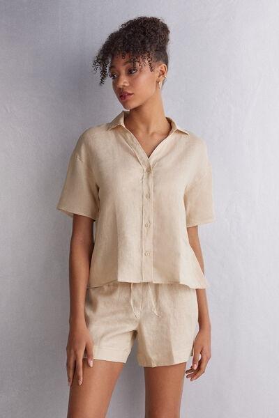 Beige Short-Sleeved Linen Canvas Shirt, , large image number 1