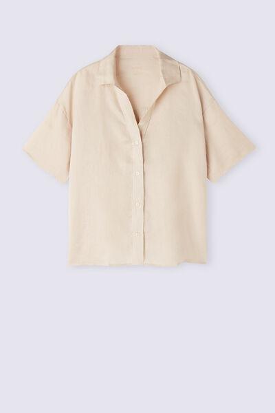 Beige Short-Sleeved Linen Canvas Shirt, , large image number 2