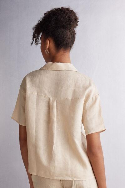 Beige Short-Sleeved Linen Canvas Shirt, , large image number 3