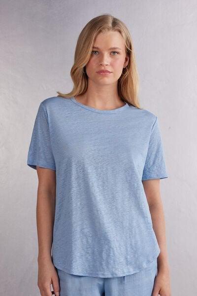 Blue Short-Sleeved Linen Shirt, 5601_550J, large image number 0