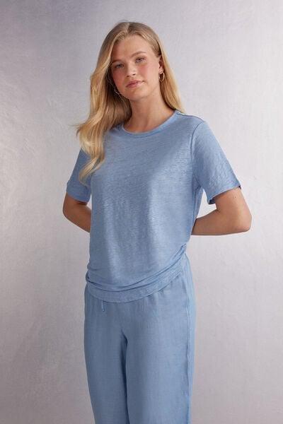 Blue Short-Sleeved Linen Shirt, 5601_550J, large image number 1