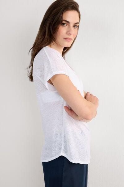 White Short-Sleeve Linen Top, White, medium