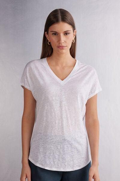 White Short-Sleeve Linen Top, White, large image number 1