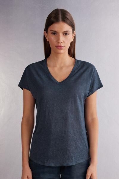 Blue Short-Sleeved Linen Top, , medium