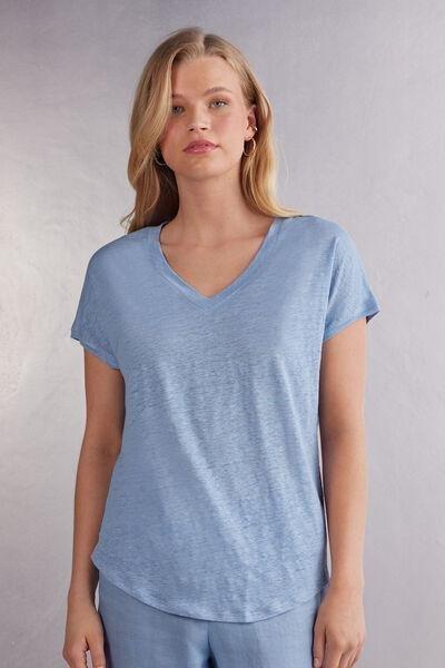Blue Short Sleeve Linen Top, 5601_550J, large image number 0