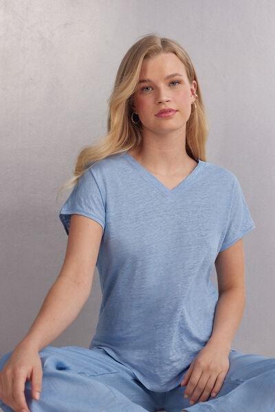 Blue Short Sleeve Linen Top, 5601_550J, large image number 1