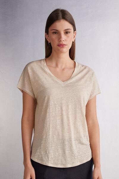 Beige Short-Sleeved Linen Top, 5601_913I, large image number 0