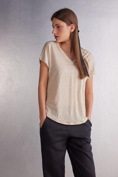 Beige Short-Sleeved Linen Top, 5601_913I, large image number 1