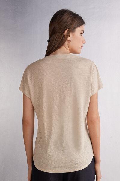 Beige Short-Sleeved Linen Top, 5601_913I, large image number 3