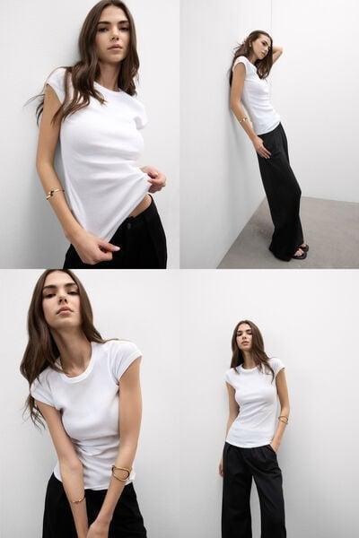 White Short-Sleeved Ribbed Superior Cotton Top, White, large image number 0
