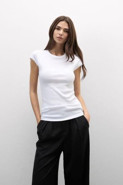 White Short-Sleeved Ribbed Superior Cotton Top, White, large image number 1