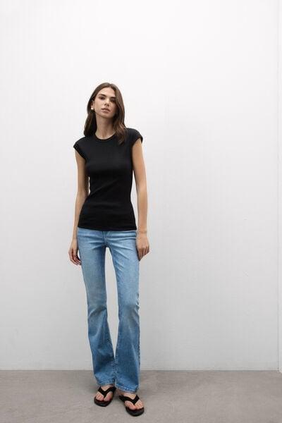 Black Short-Sleeved Ribbed Superior Cotton Top, Black, large image number 1
