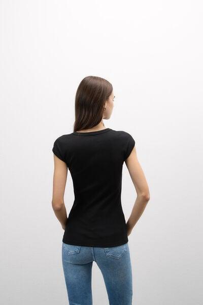 Black Short-Sleeved Ribbed Superior Cotton Top, Black, large image number 2