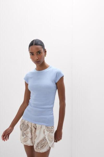 Blue Short-Sleeved Ribbed Superior Cotton Top, 5601_064K, large image number 1