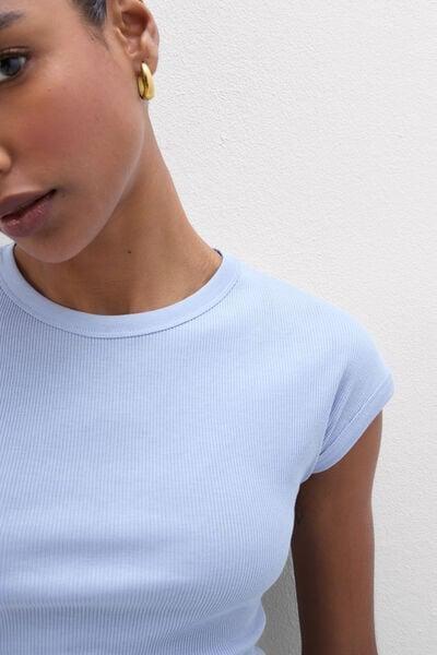 Blue Short-Sleeved Ribbed Superior Cotton Top, 5601_064K, large image number 5