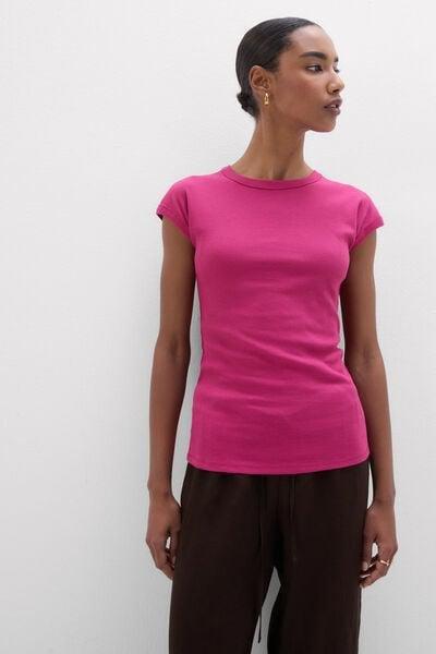 Pink Short-Sleeved Ribbed Superior Cotton Top, 5601_110K, large image number 1
