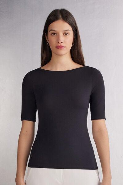 Black Boat-Neck Viscose Top, Black, large image number 1