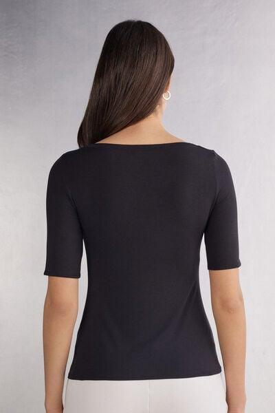 Black Boat-Neck Viscose Top, Black, large image number 2