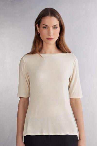 Cream Boat-Neck Viscose Top, Vanilla Ivory, large image number 1