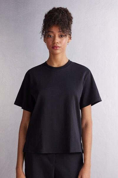 Black Short Sleeve Cotton Top, Black, large image number 1