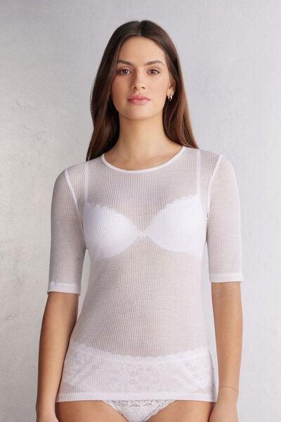 White Cashmere Short-Sleeved Blouse, White, large image number 1