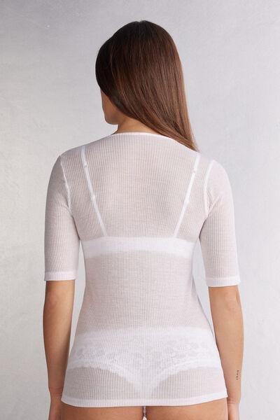 White Cashmere Short-Sleeved Blouse, White, large image number 3