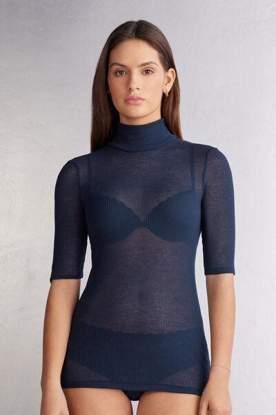 Navy Cashmere High-Neck Blouse, Intense Blue, large image number 0
