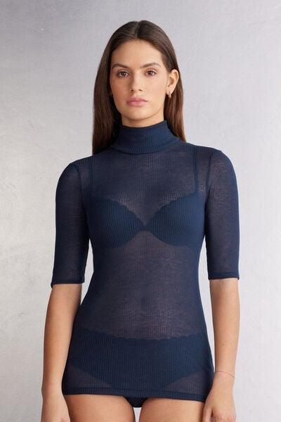 Navy Cashmere High-Neck Blouse, Intense Blue, large image number 1