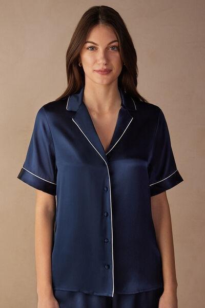 Navy Short-Sleeved Silk Shirt With Contrasting Edges, Intense Blue, large image number 0