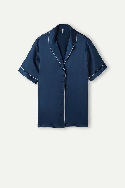 Navy Short-Sleeved Silk Shirt With Contrasting Edges, Intense Blue, large image number 2